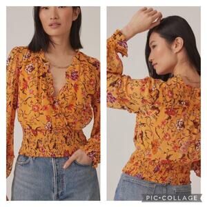 Anthropologie Orange Floral Wrap Top Size Medium